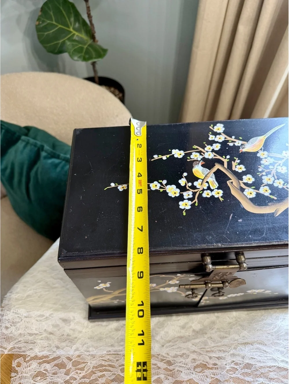 Vintage Chinese Lacquer Jewelry Box Hand Painted Birds Red Brocade